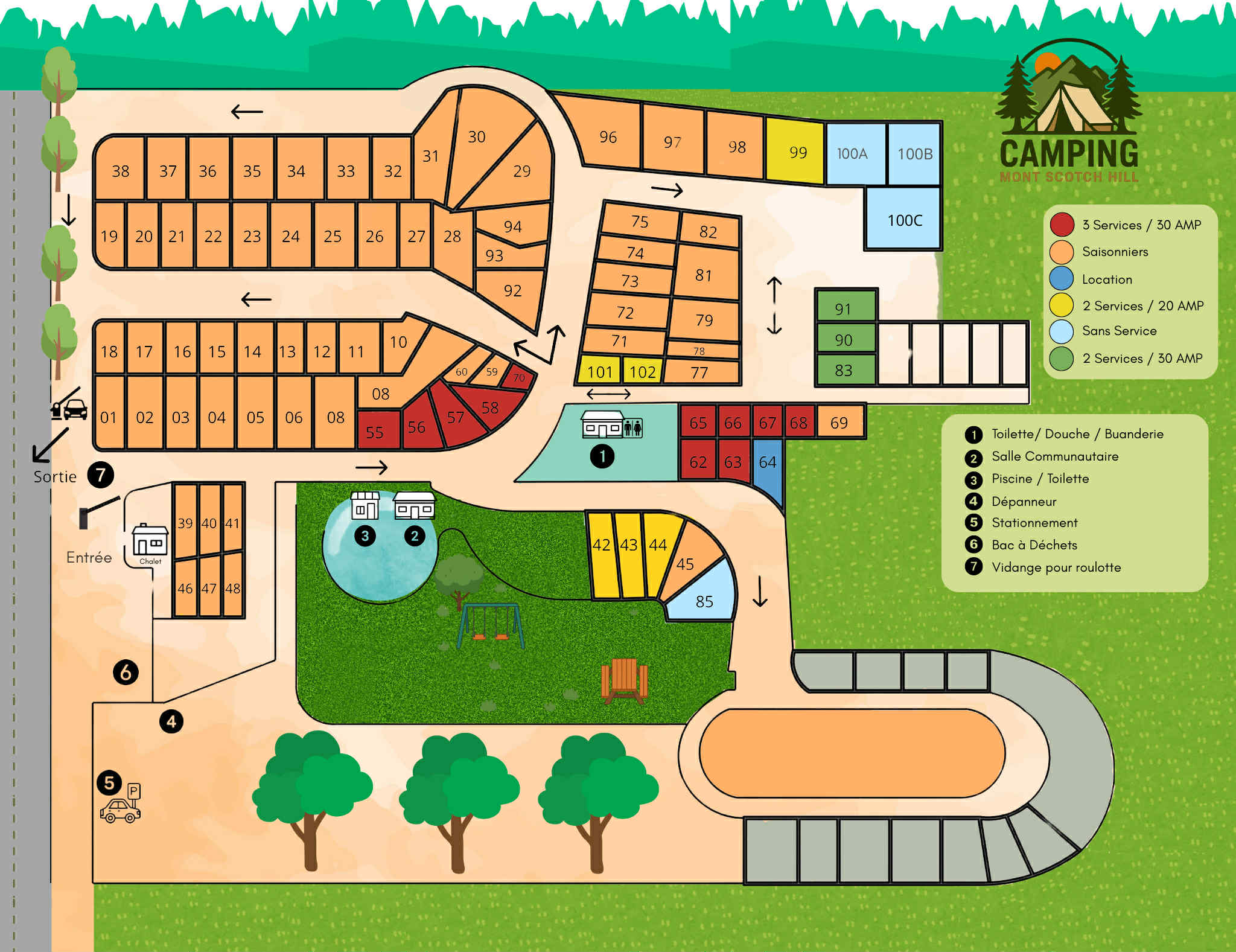 Plan du camping Mont Scotch Hill avec services.