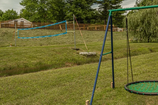 Jardin avec balançoire et filet de badminton.