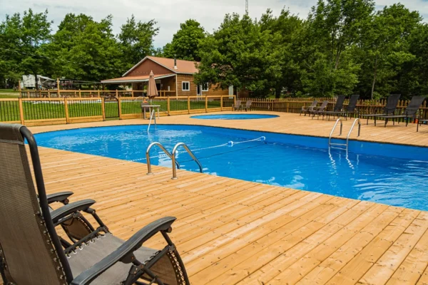 Piscine extérieure entourée de bois et nature.
