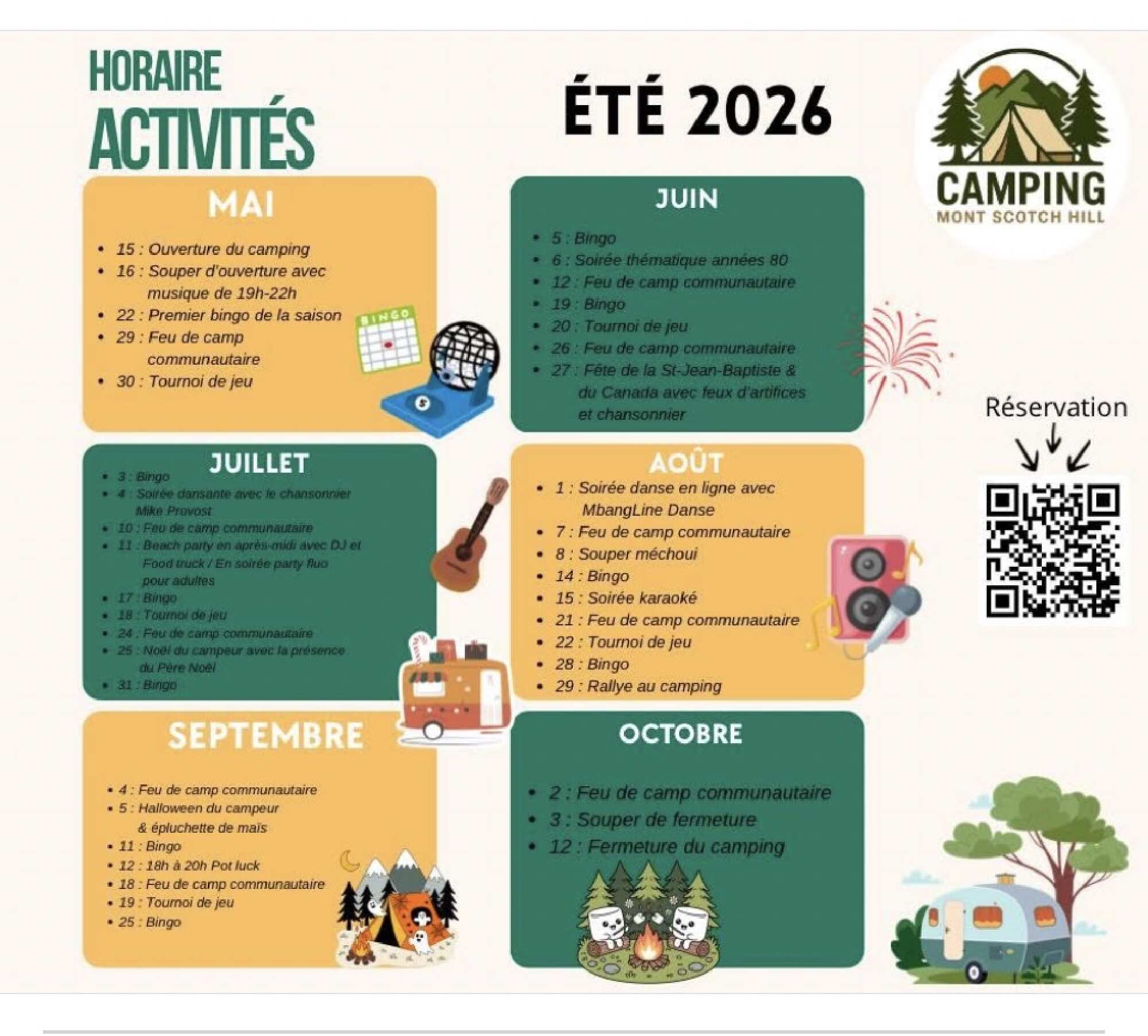 Horaire des activités du camping été 2026.