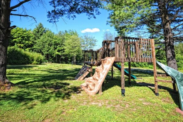 Aire de jeux en bois dans un parc verdoyant.